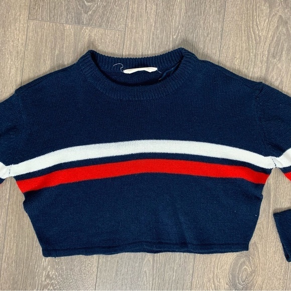 Bluenotes Women's Sweater Top Knit Cropped Stripe Long sleeve Navy Blue Medium - Picture 4 of 11